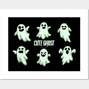 Set of collection cute ghost horror cartoon flat design hand drawn spooky emoji funny spirit doodle Posters and Art